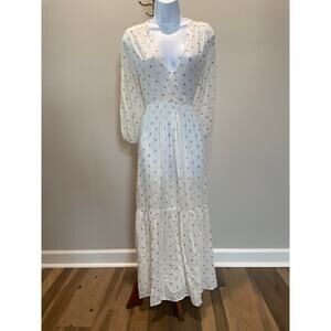 Anthropologie Blouson Dress Sz M White Gold Polka Dot Puff Sleeve Cottagecore